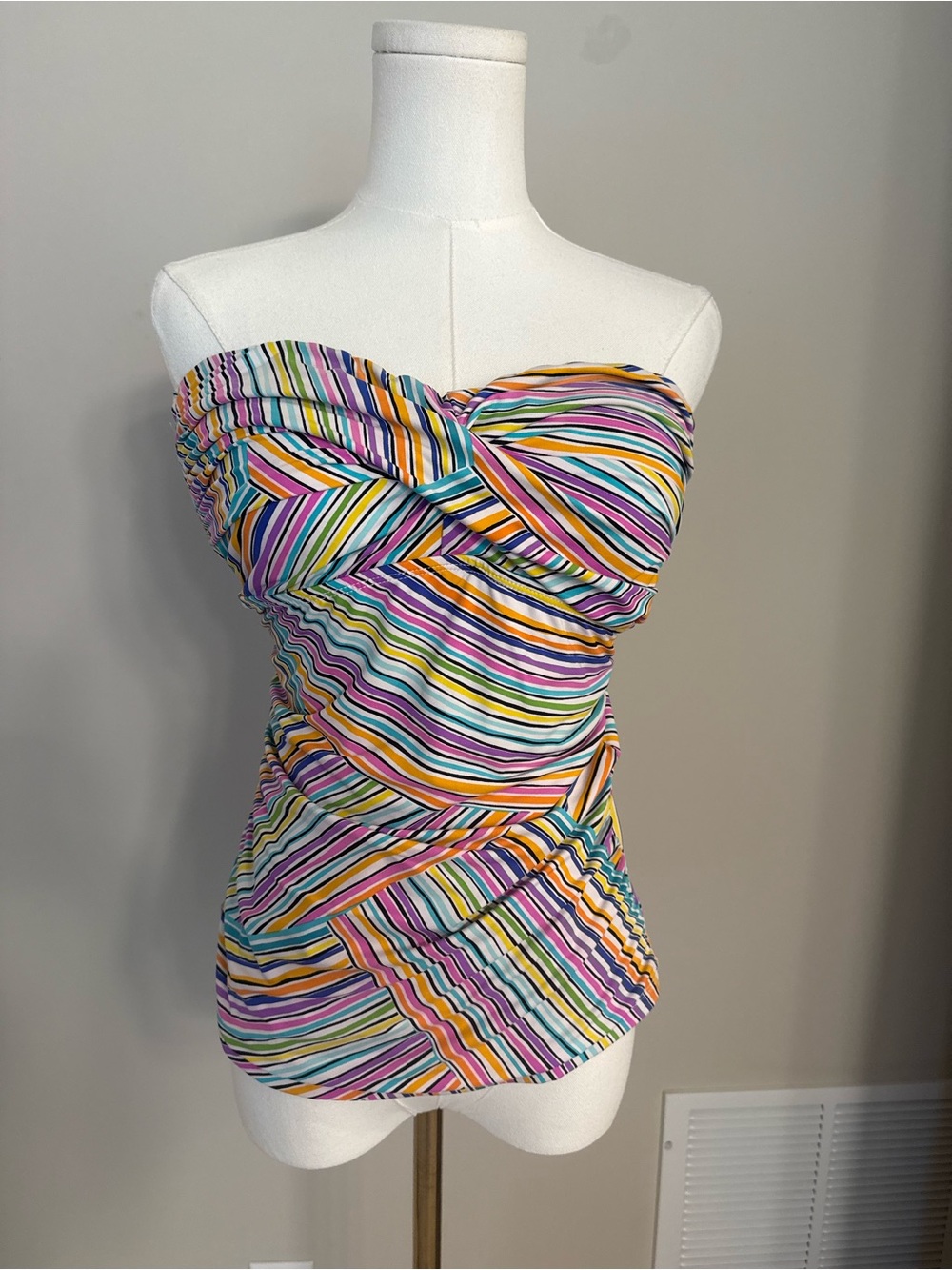 Anne Cole Signature Stripe Bandeau Tankini Top Large Multicolor Ruched Swimwear
